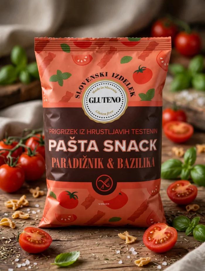 Brezglutenski prigrizek Pašta snack paradižnik & bazilika 90g