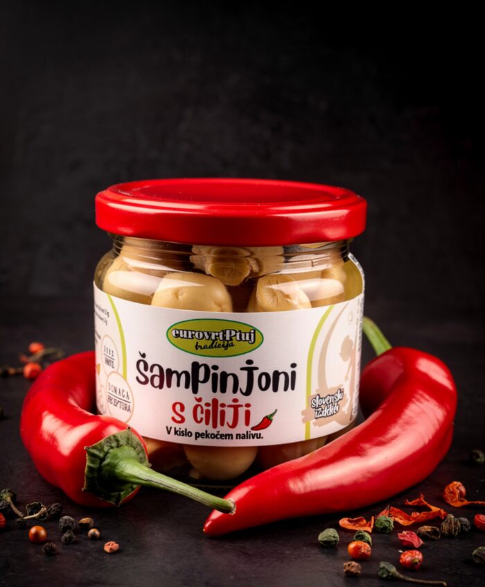 Šampinjoni v kisu celi s čiliji 350g